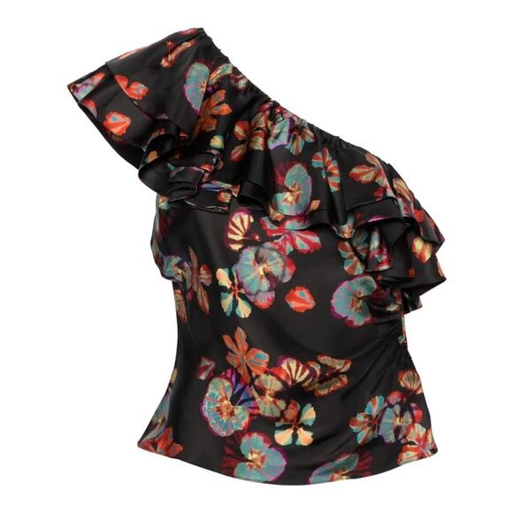Ulla Johnson Adaleigh One Shoulder Floral Print Silk Top Black Size US 2 - Picture 1 of 12
